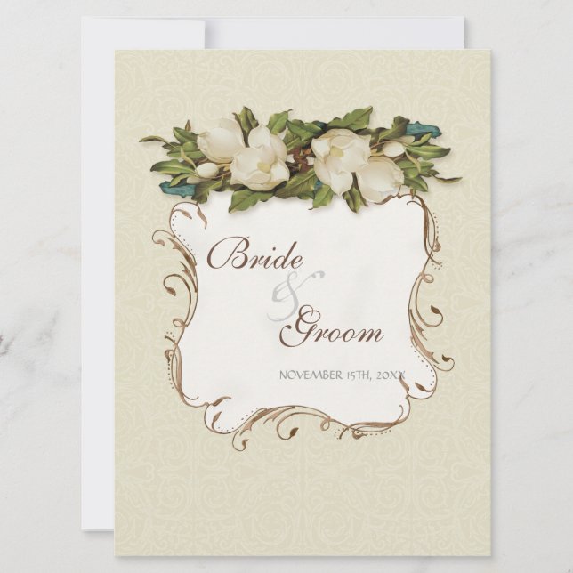 Vintage Magnolia Swirls Damask Wedding Invite (Front)