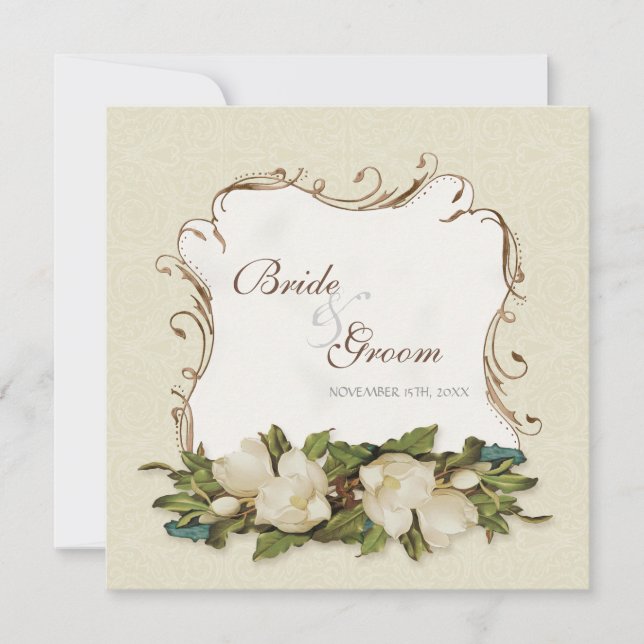 Vintage Magnolia Swirls Mariage damassé Invitation (Devant)
