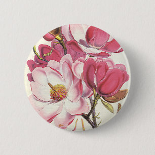 Vintage Magnolia Tree Blossom, Pink Garden Flowers 2 Inch Round Button