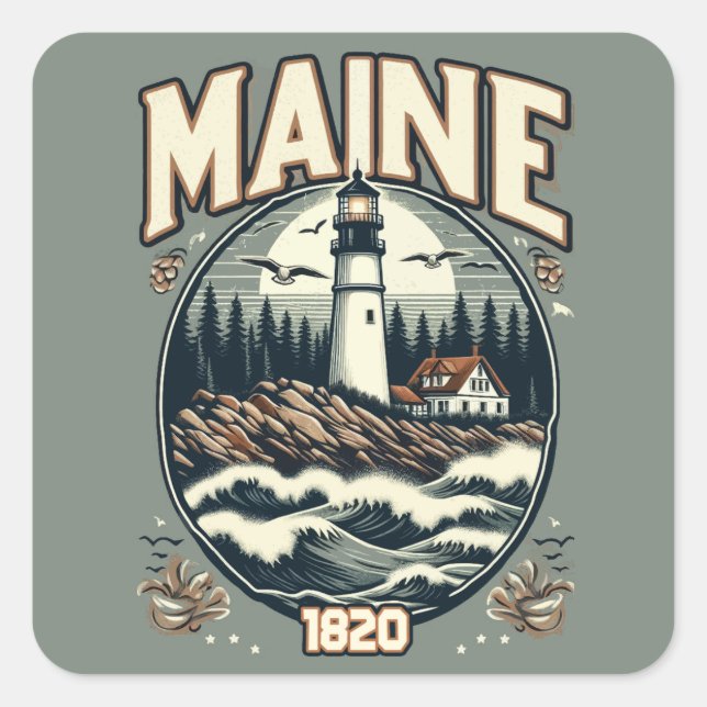 Vintage Maine Lighthouse Square Sticker (Front)