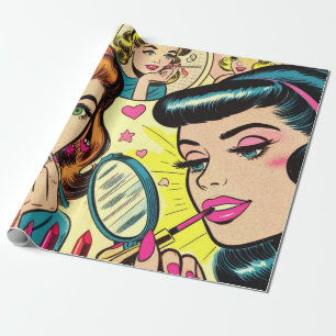 Vintage Makeup Girls Comics Wrapping Paper
