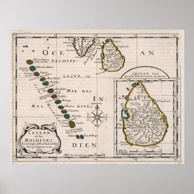 Vintage Maldives and Sri Lanka Map (1652) Poster (Front)