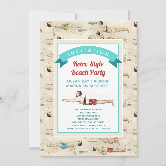 Vintage Male Swimmers French Retro Beach Party Invitation (Front)