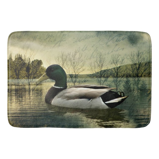 Vintage Mallard Duck Weathered Postcard Bath Mat (Front)