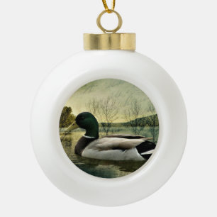 Vintage Mallard Duck Weathered Postcard Ceramic Ball Christmas Ornament