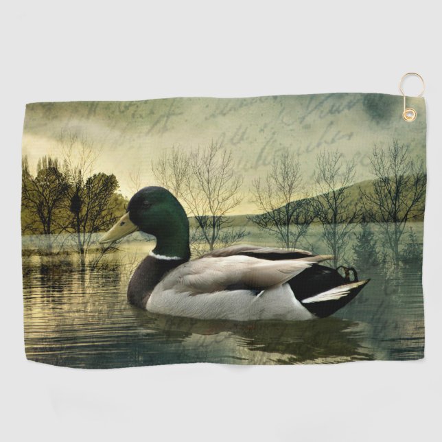 Vintage Mallard Duck Weathered Postcard Golf Towel (Horizontal)