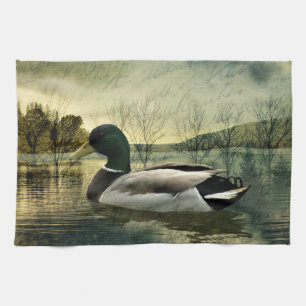Vintage Mallard Duck Weathered Postcard Kitchen Towel
