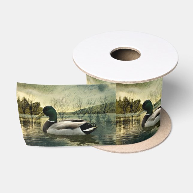 Vintage Mallard Duck Weathered Postcard Satin Ribbon (Spool)