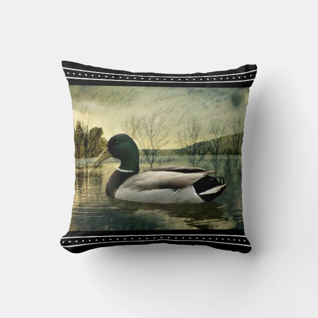 Vintage Mallard Duck Weathered Postcard  Throw Pillow (Front)