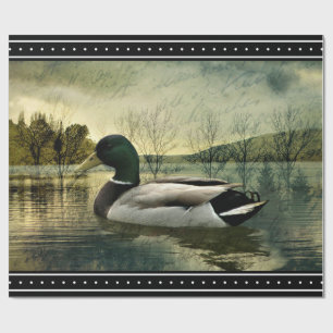 Vintage Mallard Duck Weathered Postcard Wrapping Paper