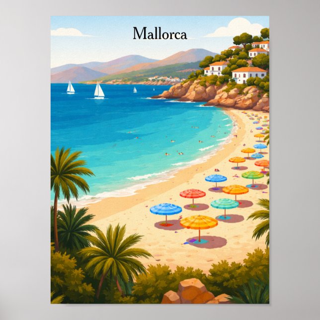 Vintage Mallorca Spain Travel Beach Illustration Poster (Front)