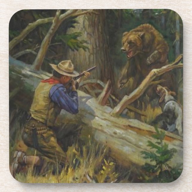 Vintage Man Hunting Bear Coaster (Front)