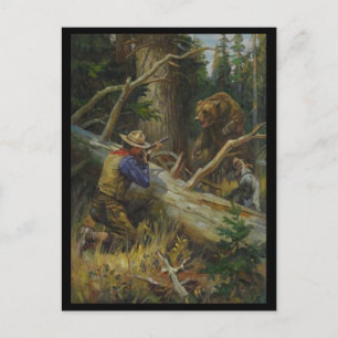 Vintage Man Hunting Bear Postcard