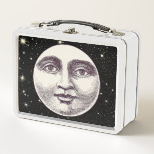 Vintage man in the moon full face black white  metal lunch box