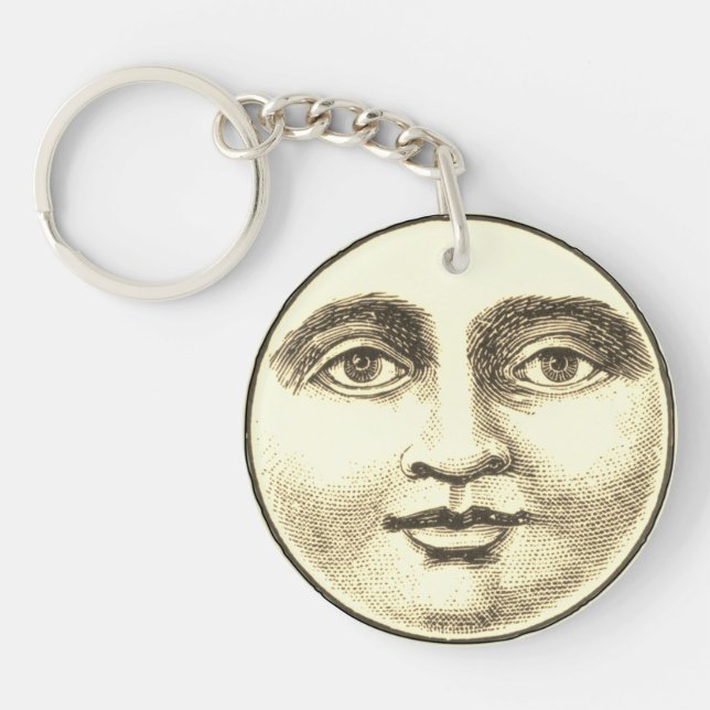 Vintage man in the moon full face brown sepia gold keychain (Front)