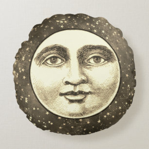 Vintage man in the moon full face sepia gold brow round pillow