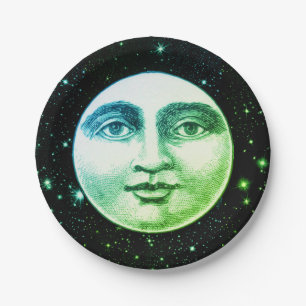 Vintage man in the moon full face teal black paper plate