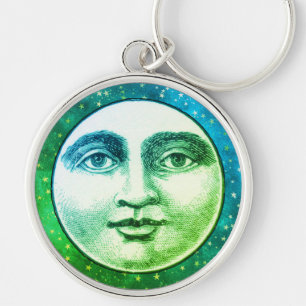 Vintage man in the moon full face teal blue green keychain