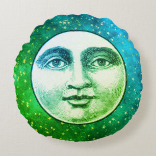 Vintage man in the moon full face teal blue green round pillow
