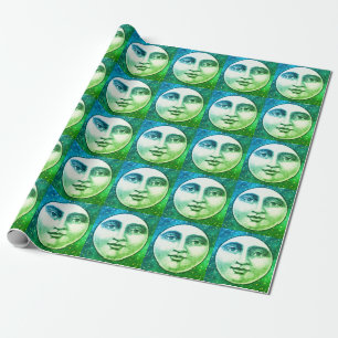 Vintage man in the moon full face teal blue star wrapping paper