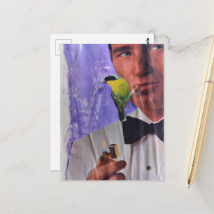 Vintage Man Smoking and a Cute Little Bird Collage Postcard