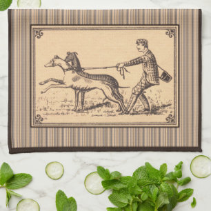 Vintage Man Walking Greyhounds Print Kitchen Towel