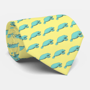 Vintage Manatee Drawing Aqua Tie