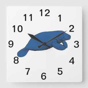 Vintage Manatee Drawing Blue Square Wall Clock