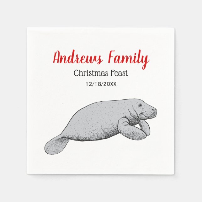 Vintage Manatee Drawing Christmas Xmas Napkin (Front)