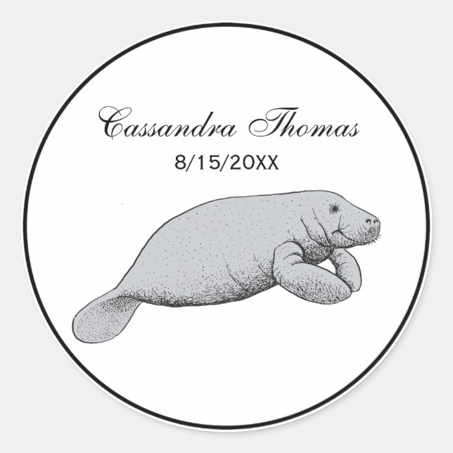 Vintage Manatee Drawing Classic Round Sticker (Front)