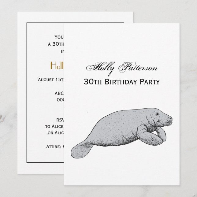 Vintage Manatee Drawing Invitation (Front/Back)