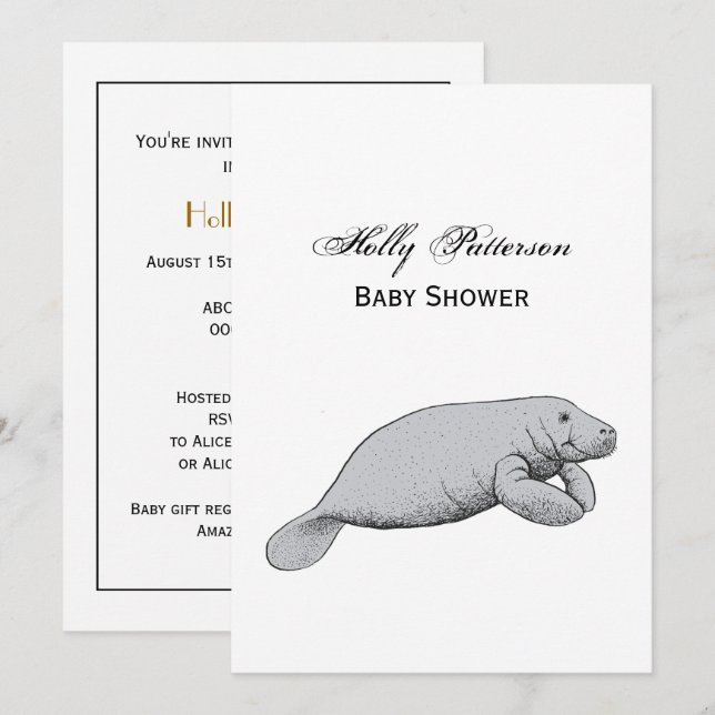 Vintage Manatee Drawing Invitation (Front/Back)