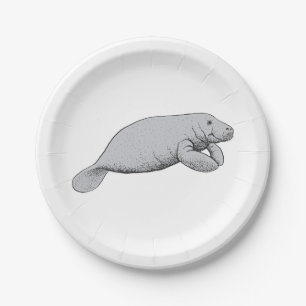 Vintage Manatee Drawing Paper Plate