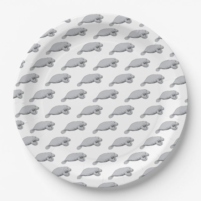 Vintage Manatee Drawing Paper Plate (Front)