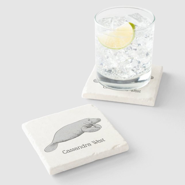 Vintage Manatee Drawing Stone Coaster (Side)