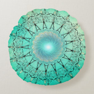 Vintage Mandala Minty Green Round Pillow