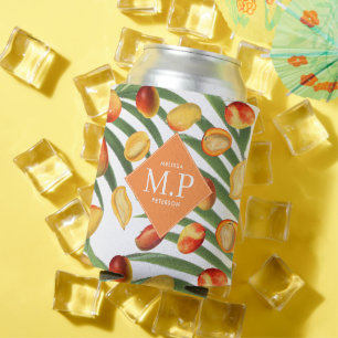 Vintage Mango & Greenery Summer Fruit Monogram Can Cooler