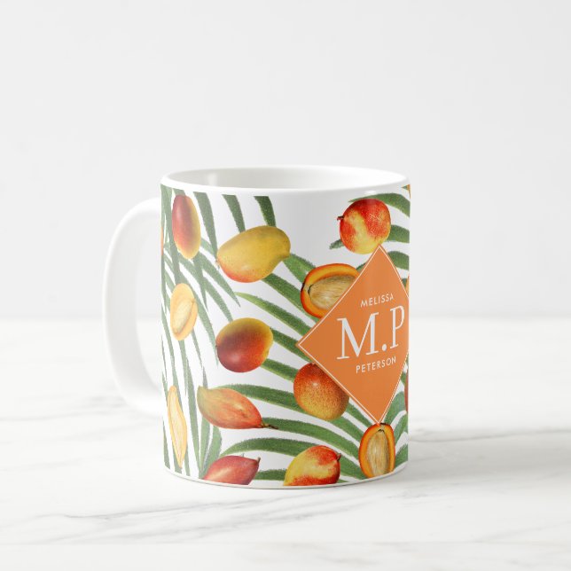 Vintage Mango & Greenery Summer Fruit Monogram Coffee Mug (Front Left)