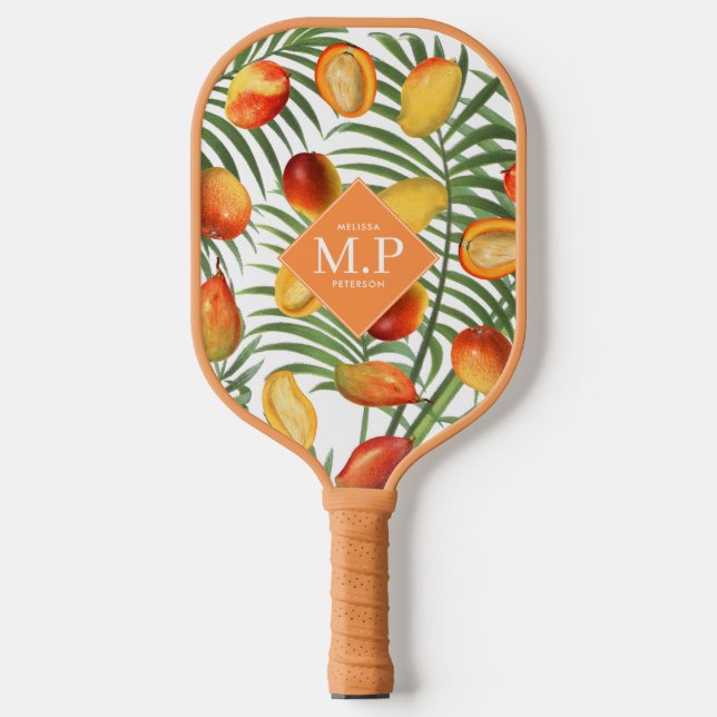 Vintage Mango & Greenery Summer Fruit Monogram Pickleball Paddle (Front)