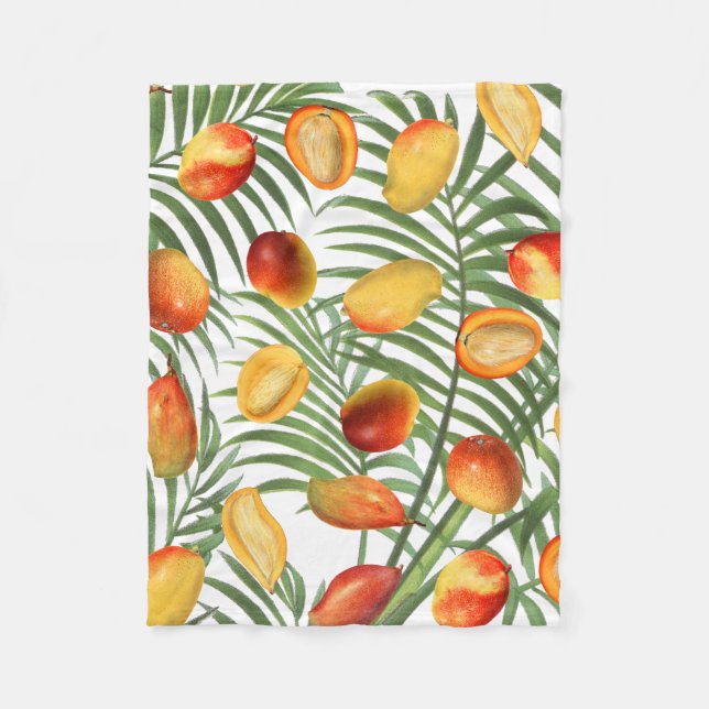 Vintage Mango & Greenery Summer Fruit Pattern Fleece Blanket (Front)