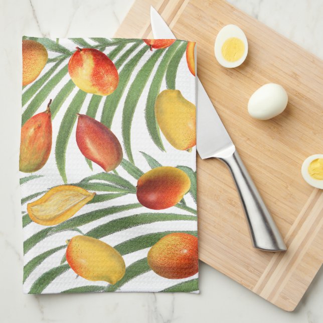 Vintage Mango & Greenery Summer Fruit Pattern Kitchen Towel (Quarter Fold)