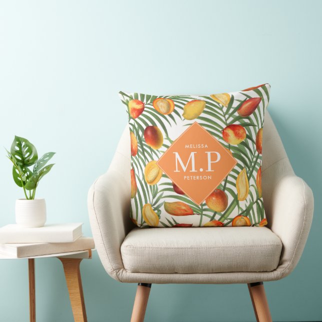 Vintage Mango & Greenery Summer Monogram Throw Pillow (Chair)