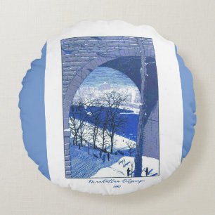 "Vintage Manhattan Cityscape 1890"   Round Pillow