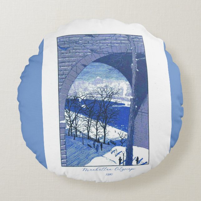 "Vintage Manhattan Cityscape 1890"   Round Pillow (Front)