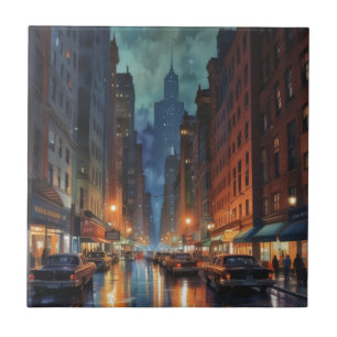 Vintage Manhattan New York City Night Painting Tile