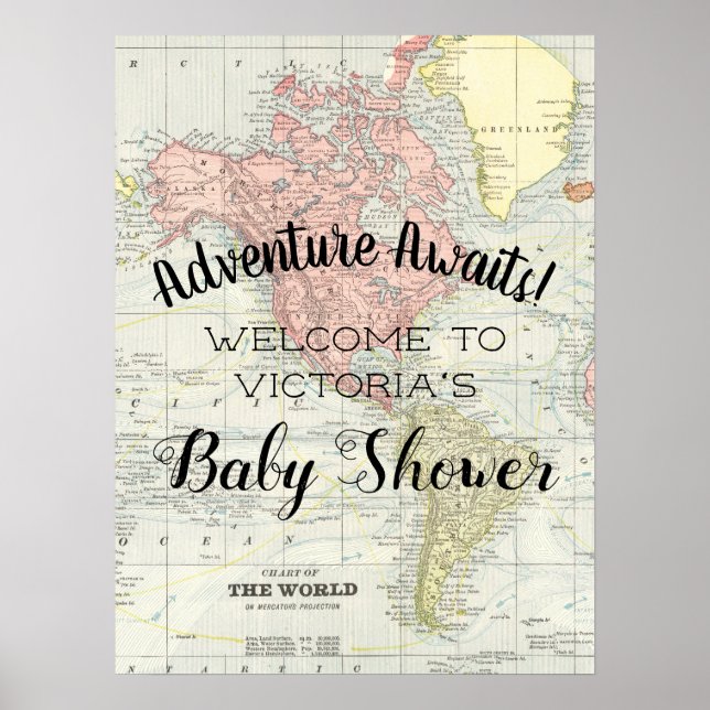 Vintage Map Adventure Awaits Baby Shower Sign (Front)