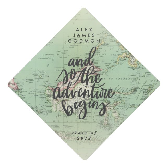 Vintage map adventure graduation cap topper (Front)