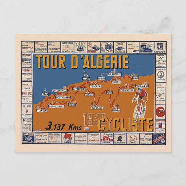 Vintage Map, Algeria Cycle race 1949 Postcard (Front)