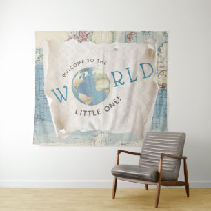 Vintage Map Baby Shower Backdrop Tapestry