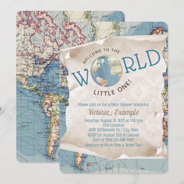 Vintage Map Baby Shower Invitations (Front/Back)